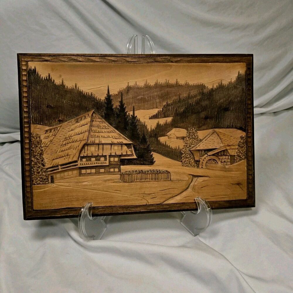 Vintage German 3D Wood Carved Forest Lodge Landscape Antique Hanging Rustic Art